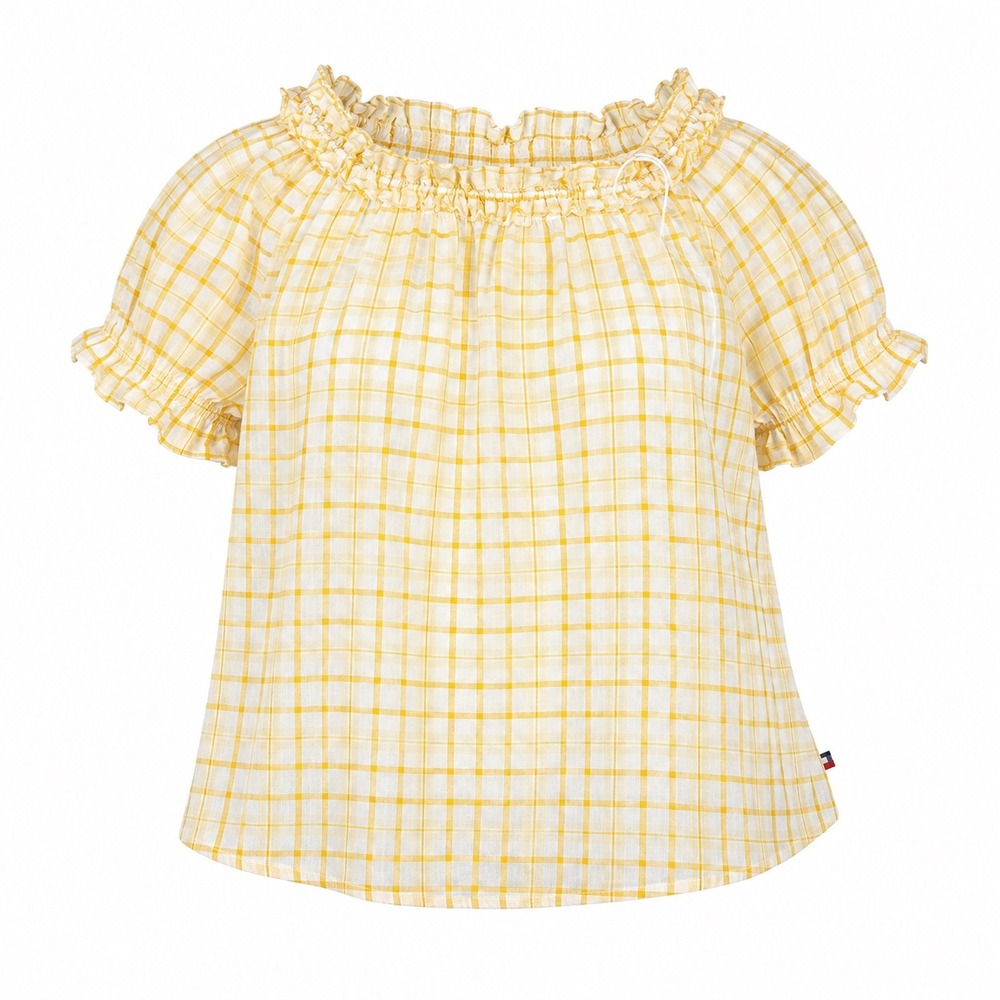 Tommy Hilfiger Womens Blouse 2X Cotton Yellow Plaid Smocked Off The Shoulder